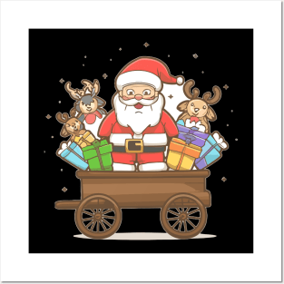 Santa clous on a cart with gifts and deer Posters and Art